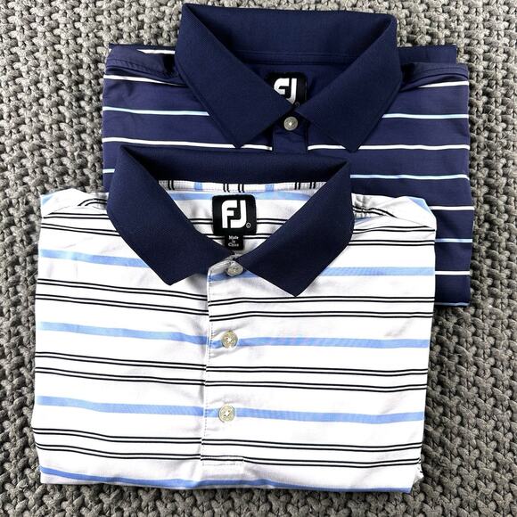 Footjoy Mens Polo Size Large (Lot Of 2) White & Blue Striped, Embroidered sleeve - Picture 2 of 16